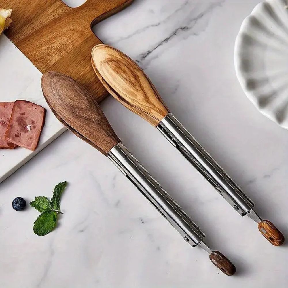Stainless Steel Kitchen Tongs with Wooden Handle – Locking BBQ Tongs