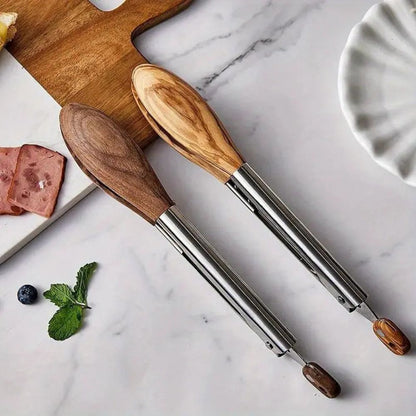 Stainless Steel Kitchen Tongs with Wooden Handle – Locking BBQ Tongs