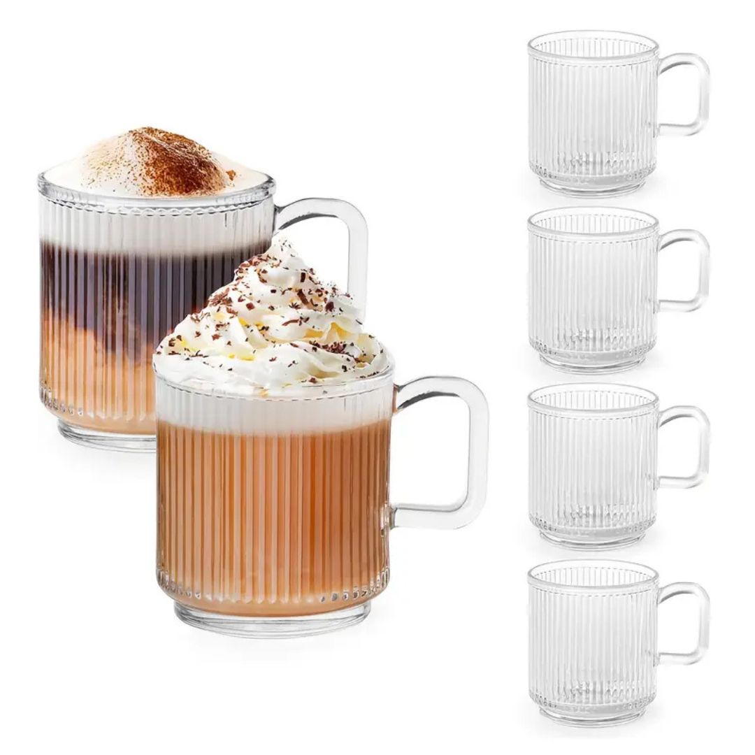 6-PACK Premium Glass Coffee Mugs with Handle