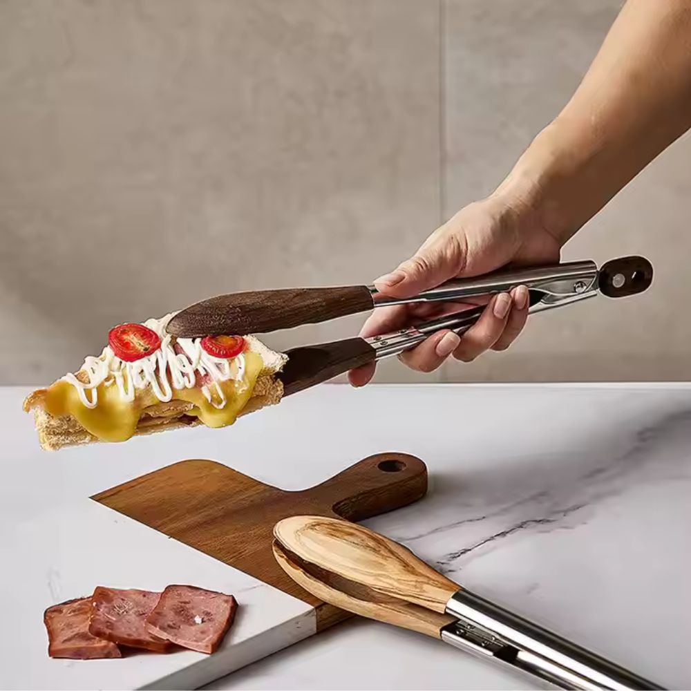 Stainless Steel Kitchen Tongs with Wooden Handle – Locking BBQ Tongs