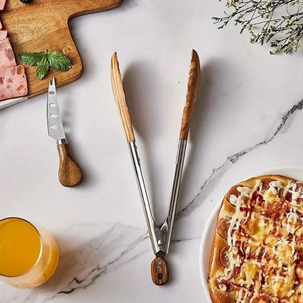 Stainless Steel Kitchen Tongs with Wooden Handle – Locking BBQ Tongs