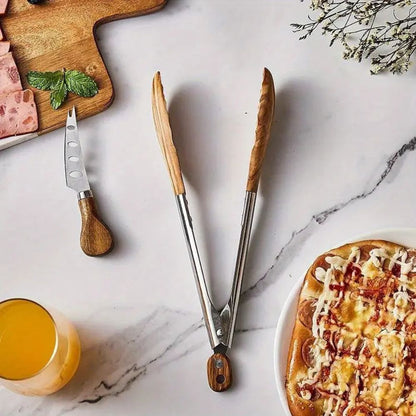 Stainless Steel Kitchen Tongs with Wooden Handle – Locking BBQ Tongs