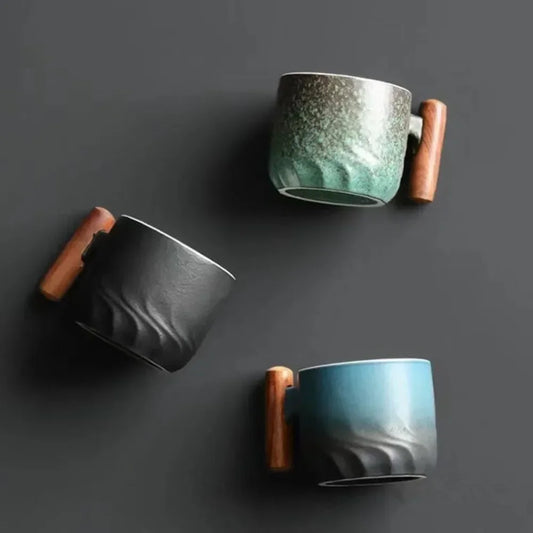 Vintage Espresso Cups With Wooden Handle - Ceramic Design