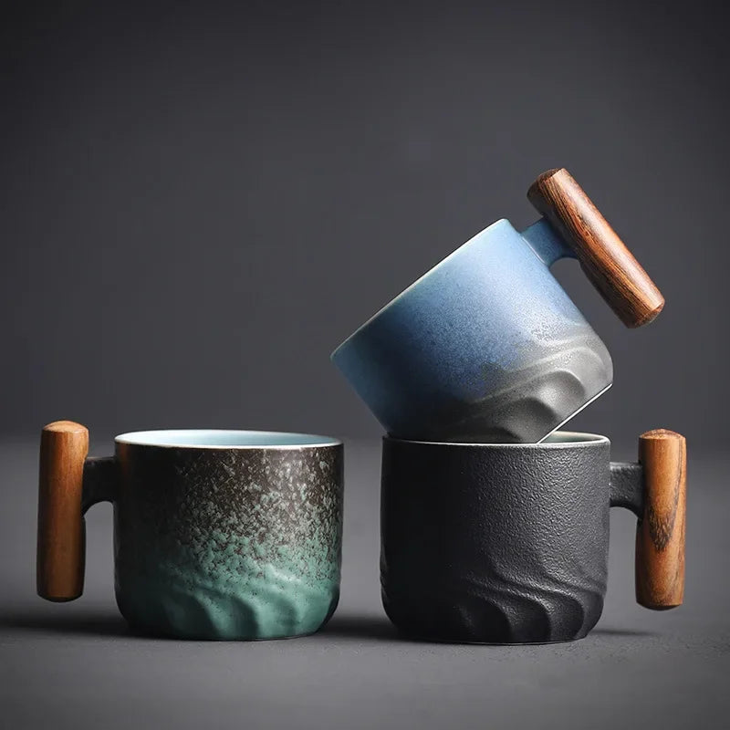 Vintage Espresso Cups With Wooden Handle - Ceramic Design
