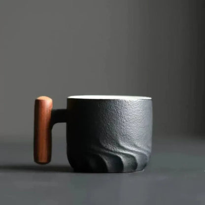 Vintage Espresso Cups With Wooden Handle - Ceramic Design