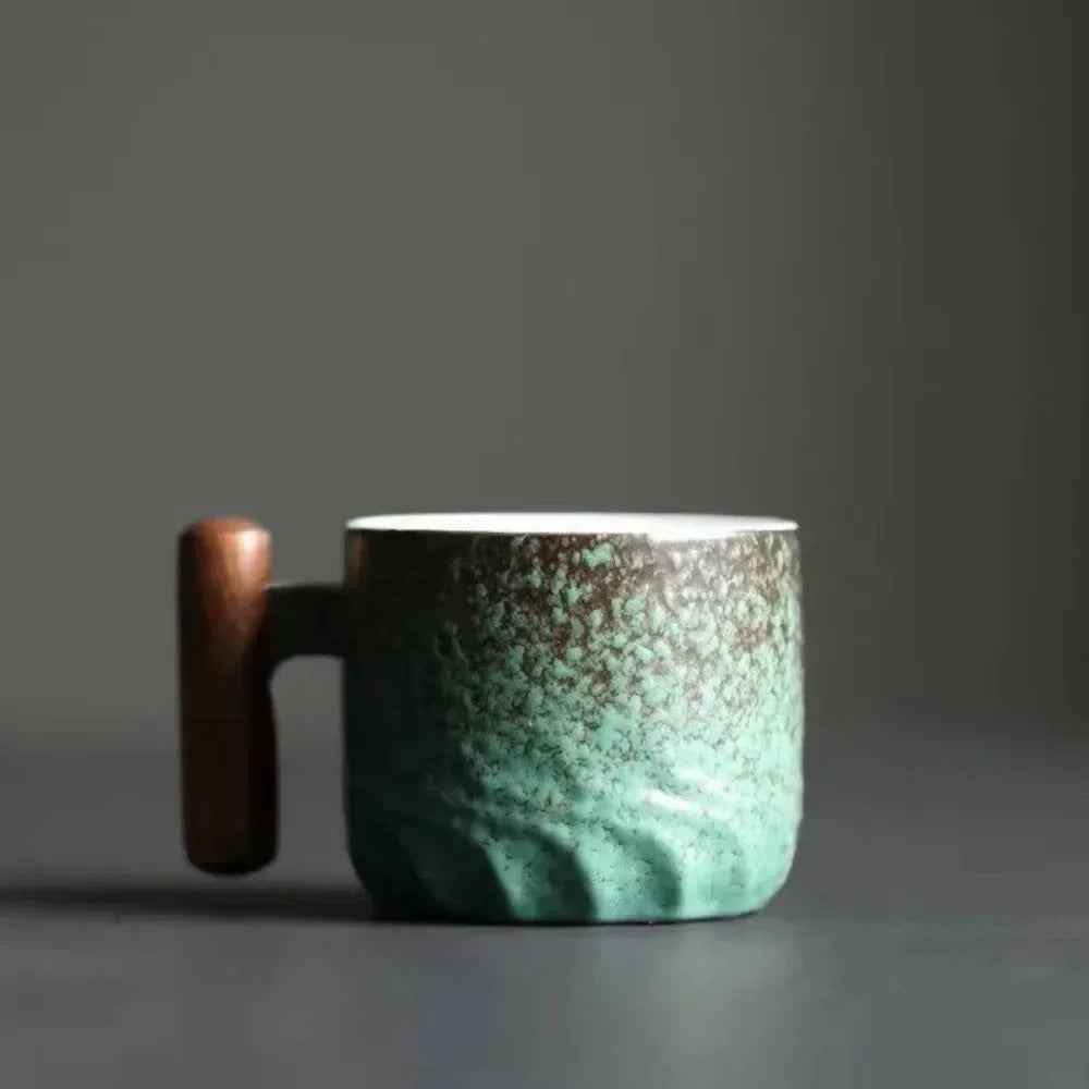 Vintage Espresso Cups With Wooden Handle - Ceramic Design