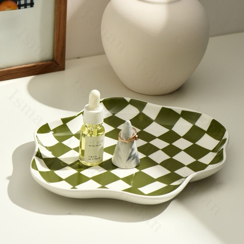 Nordic Ceramic Storage Tray – Modern Checkered Design for Stylish Organization