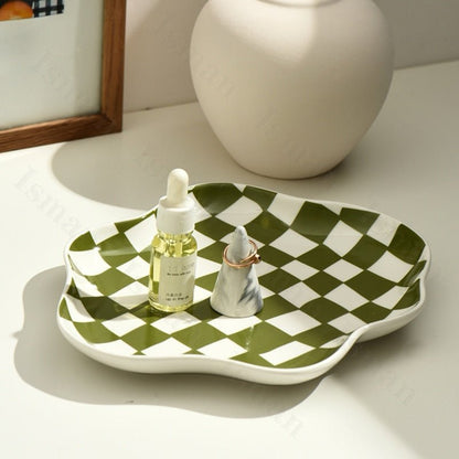 Nordic Ceramic Storage Tray – Modern Checkered Design for Stylish Organization